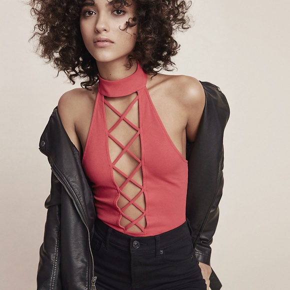 Express Large Thong Bodysuit Red Lace Up A114 - Picture 3 of 7